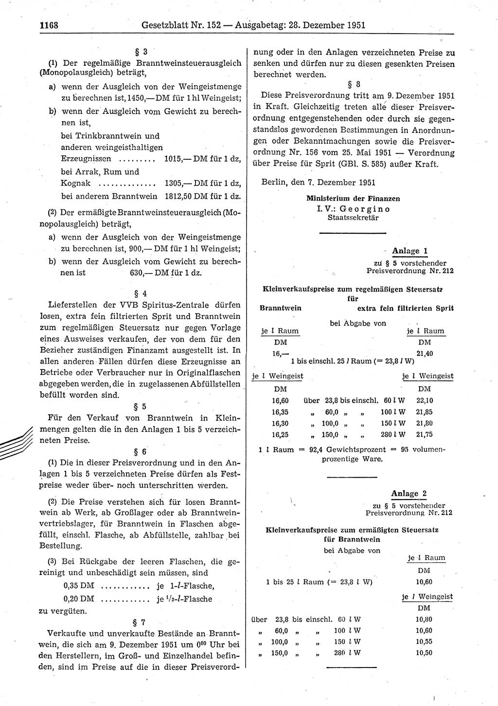 Gesetzblatt (GBl.) der Deutschen Demokratischen Republik (DDR) 1951, Seite 1168 (GBl. DDR 1951, S. 1168)