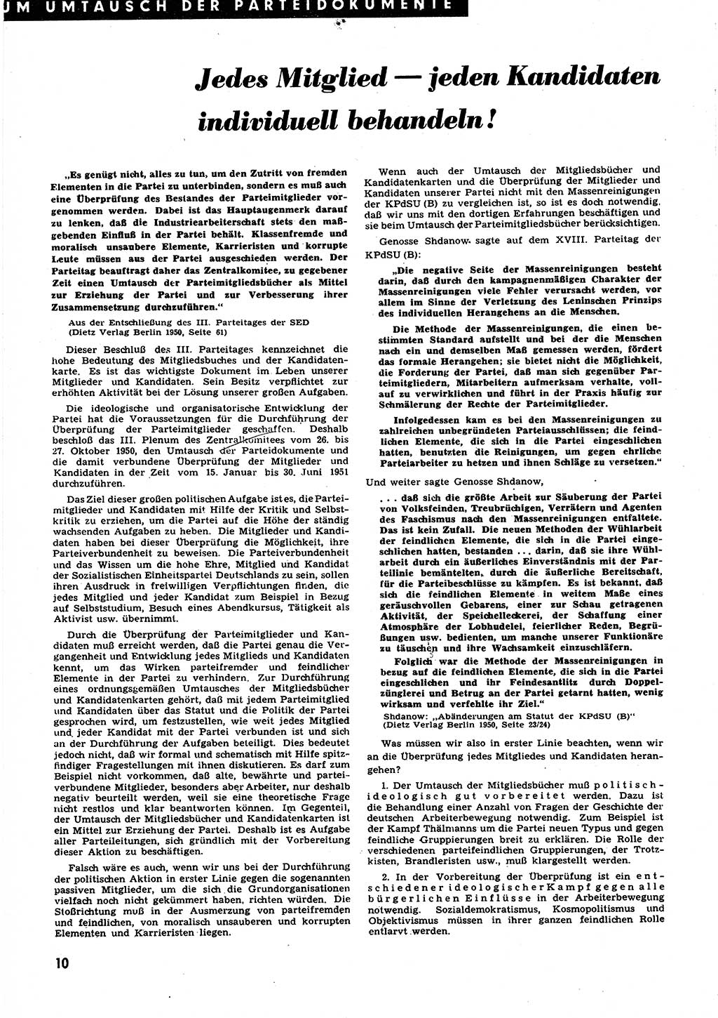 Neuer Weg (NW), Halbmonatsschrift für aktuelle Fragen der Arbeiterbewegung [Zentralkomitee (ZK) Sozialistische Einheitspartei Deutschlands (SED)], 6. Jahrgang [Deutsche Demokratische Republik (DDR)] 1951, Heft 1/10 (NW ZK SED DDR 1951, H. 1/10)