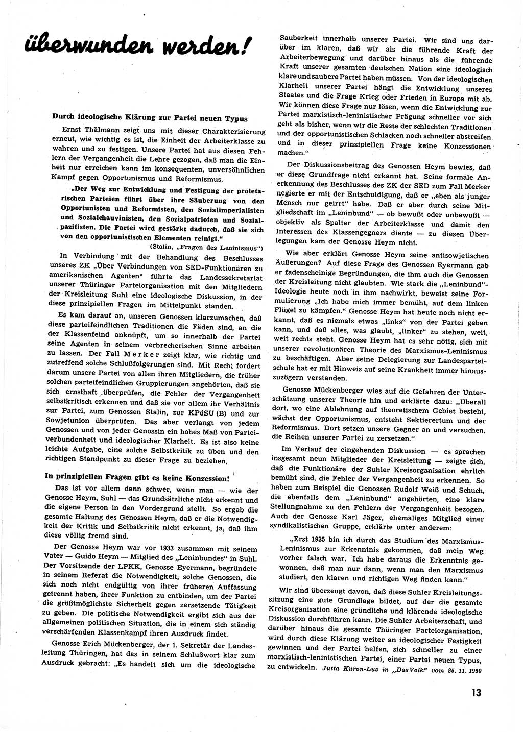 Neuer Weg (NW), Halbmonatsschrift für aktuelle Fragen der Arbeiterbewegung [Zentralkomitee (ZK) Sozialistische Einheitspartei Deutschlands (SED)], 6. Jahrgang [Deutsche Demokratische Republik (DDR)] 1951, Heft 1/13 (NW ZK SED DDR 1951, H. 1/13)