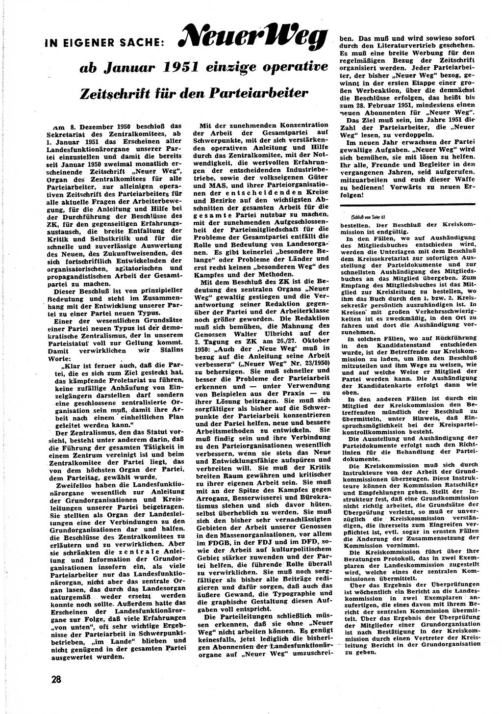 Neuer Weg (NW), Halbmonatsschrift für aktuelle Fragen der Arbeiterbewegung [Zentralkomitee (ZK) Sozialistische Einheitspartei Deutschlands (SED)], 6. Jahrgang [Deutsche Demokratische Republik (DDR)] 1951, Heft 1/28 (NW ZK SED DDR 1951, H. 1/28)