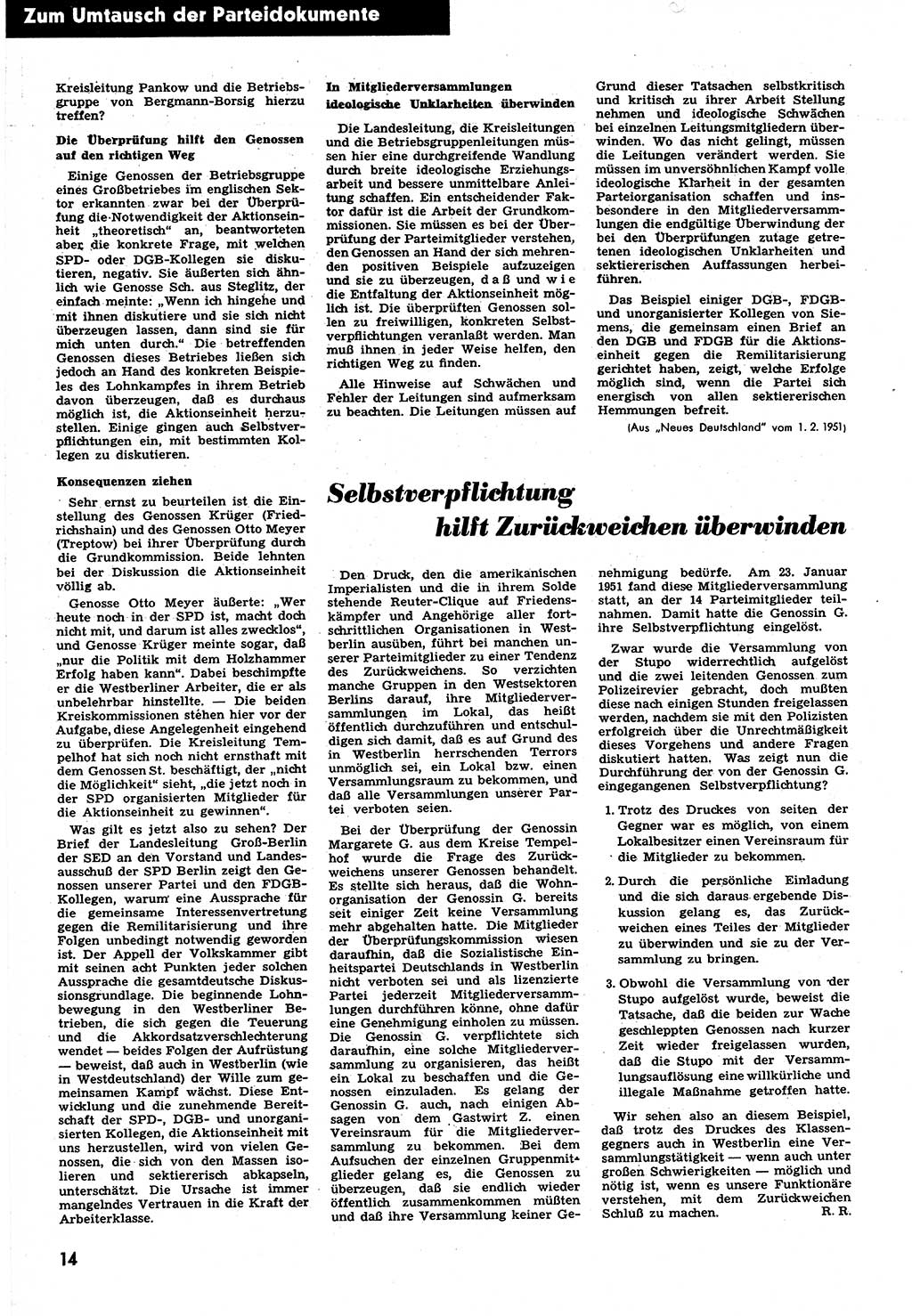 Neuer Weg (NW), Halbmonatsschrift für aktuelle Fragen der Arbeiterbewegung [Zentralkomitee (ZK) Sozialistische Einheitspartei Deutschlands (SED)], 6. Jahrgang [Deutsche Demokratische Republik (DDR)] 1951, Heft 4/14 (NW ZK SED DDR 1951, H. 4/14)