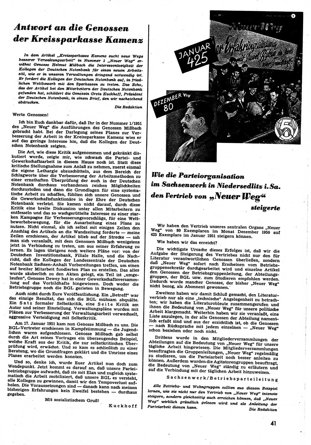 Neuer Weg (NW), Halbmonatsschrift für aktuelle Fragen der Arbeiterbewegung [Zentralkomitee (ZK) Sozialistische Einheitspartei Deutschlands (SED)], 6. Jahrgang [Deutsche Demokratische Republik (DDR)] 1951, Heft 4/41 (NW ZK SED DDR 1951, H. 4/41)