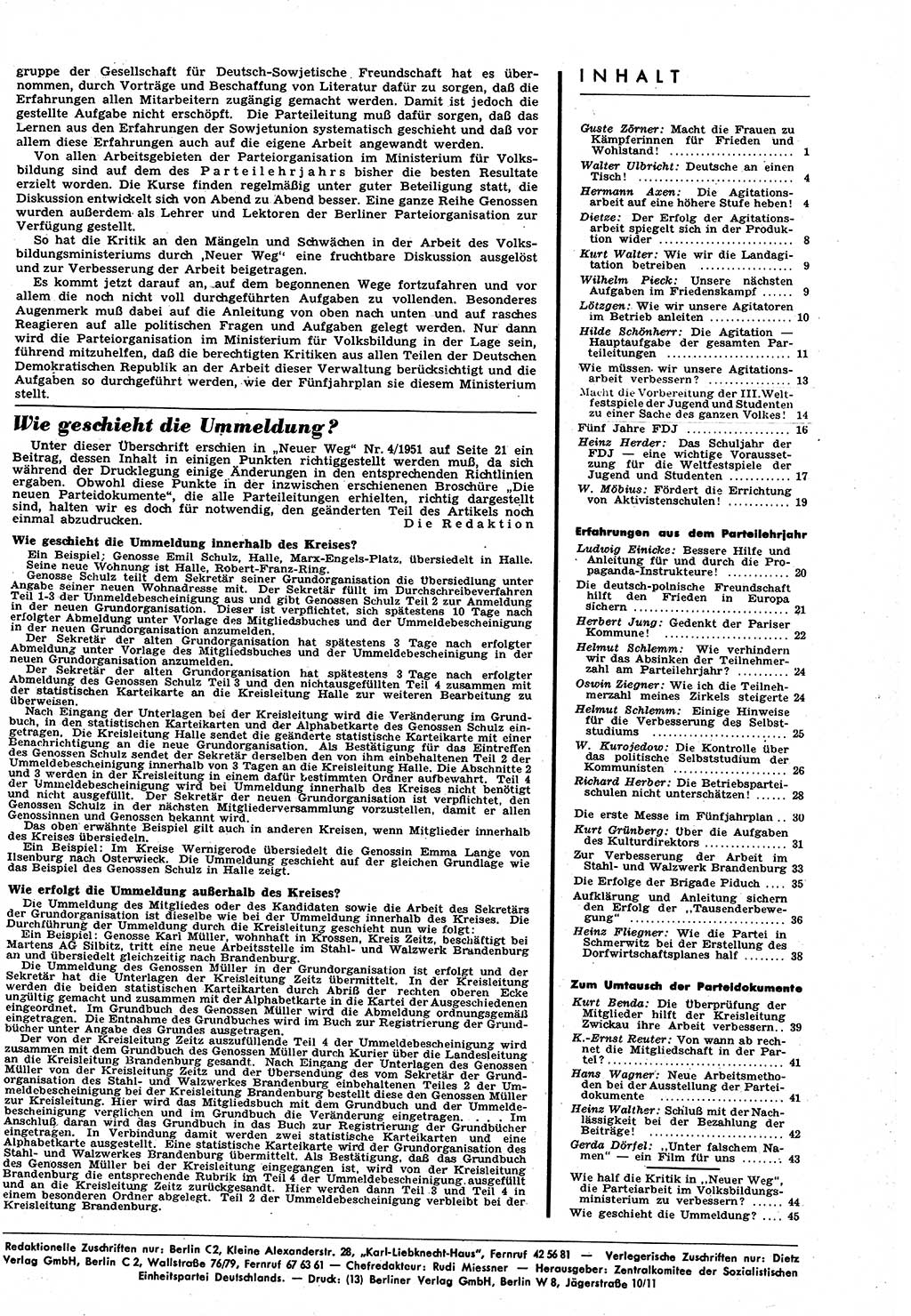 Neuer Weg (NW), Halbmonatsschrift für aktuelle Fragen der Arbeiterbewegung [Zentralkomitee (ZK) Sozialistische Einheitspartei Deutschlands (SED)], 6. Jahrgang [Deutsche Demokratische Republik (DDR)] 1951, Heft 5/45 (NW ZK SED DDR 1951, H. 5/45)