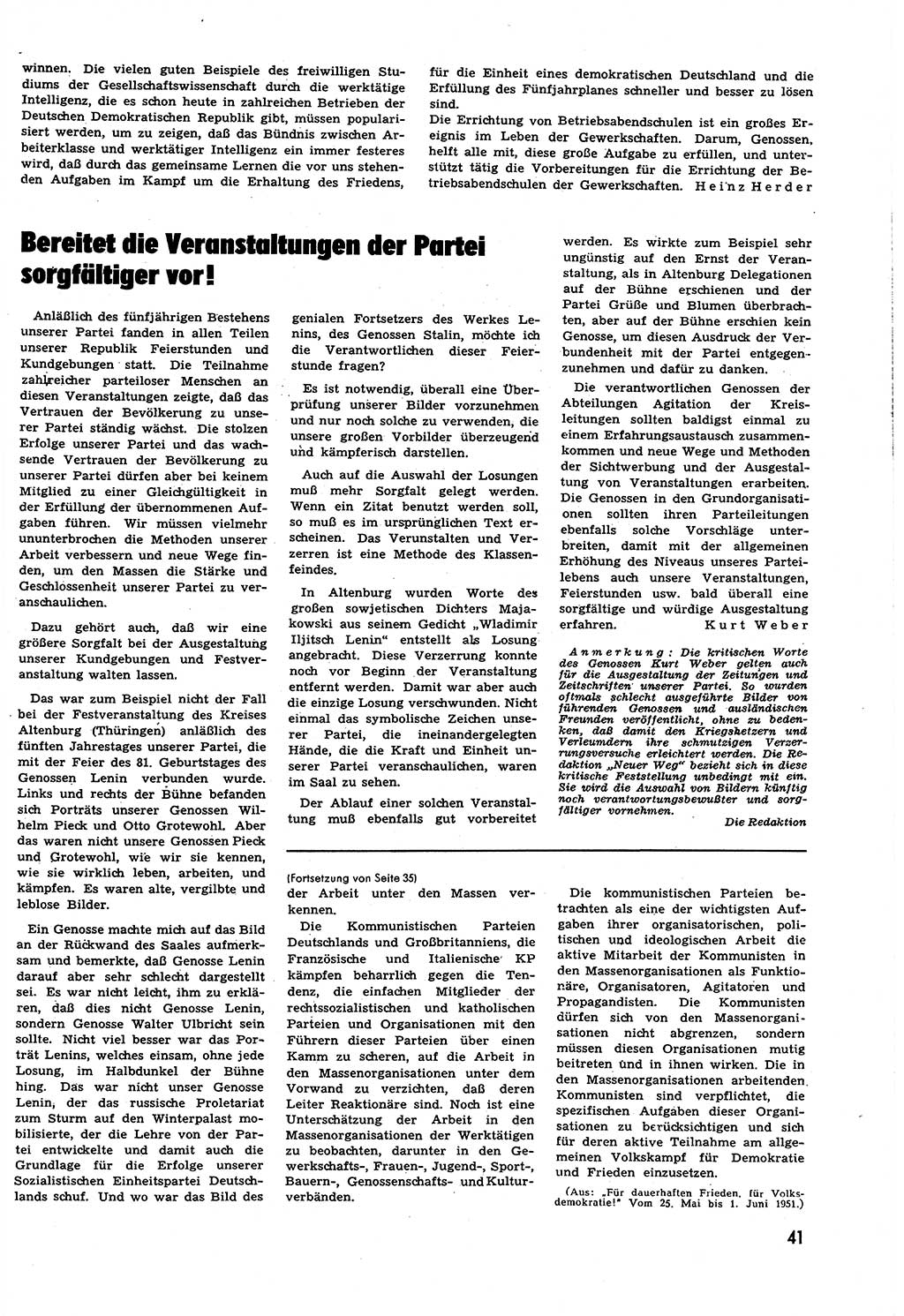 Neuer Weg (NW), Halbmonatsschrift für aktuelle Fragen der Arbeiterbewegung [Zentralkomitee (ZK) Sozialistische Einheitspartei Deutschlands (SED)], 6. Jahrgang [Deutsche Demokratische Republik (DDR)] 1951, Heft 11/41 (NW ZK SED DDR 1951, H. 11/41)