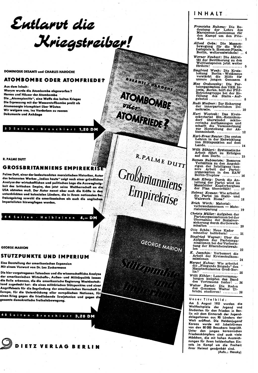 Neuer Weg (NW), Halbmonatsschrift für aktuelle Fragen der Arbeiterbewegung [Zentralkomitee (ZK) Sozialistische Einheitspartei Deutschlands (SED)], 6. Jahrgang [Deutsche Demokratische Republik (DDR)] 1951, Heft 15/29 (NW ZK SED DDR 1951, H. 15/29)