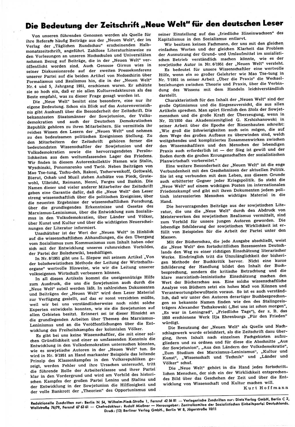 Neuer Weg (NW), Halbmonatsschrift für aktuelle Fragen der Arbeiterbewegung [Zentralkomitee (ZK) Sozialistische Einheitspartei Deutschlands (SED)], 6. Jahrgang [Deutsche Demokratische Republik (DDR)] 1951, Heft 17/44 (NW ZK SED DDR 1951, H. 17/44)