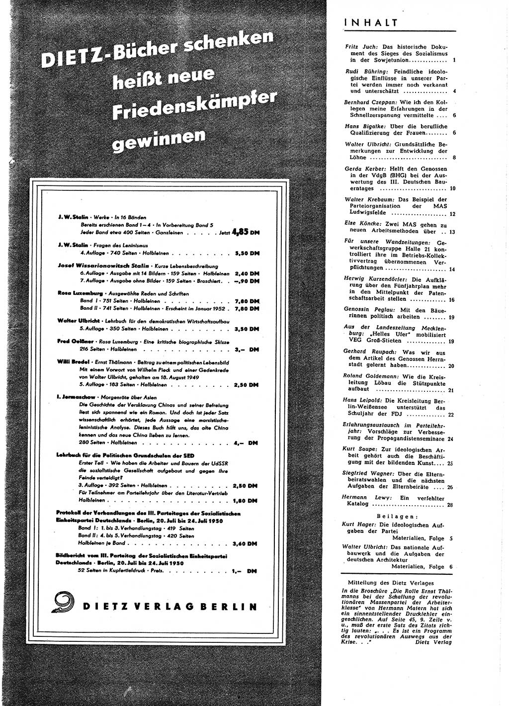 Neuer Weg (NW), Halbmonatsschrift für aktuelle Fragen der Arbeiterbewegung [Zentralkomitee (ZK) Sozialistische Einheitspartei Deutschlands (SED)], 6. Jahrgang [Deutsche Demokratische Republik (DDR)] 1951, Heft 23/29 (NW ZK SED DDR 1951, H. 23/29)