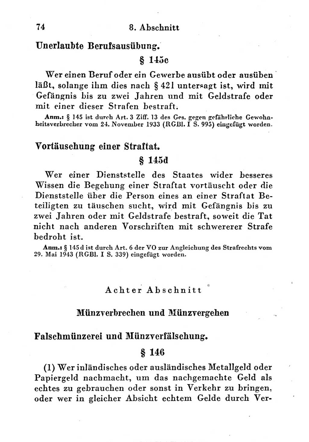 Strafgesetzbuch (StGB) und andere Strafgesetze [Deutsche Demokratische Republik (DDR)] 1951, Seite 74 (StGB Strafges. DDR 1951, S. 74)