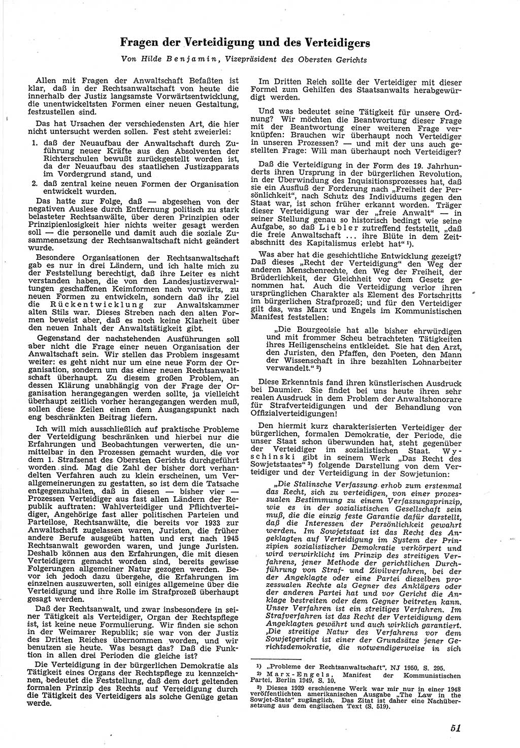 Neue Justiz (NJ), Zeitschrift für Recht und Rechtswissenschaft [Deutsche Demokratische Republik (DDR)], 5. Jahrgang 1951, Seite 51 (NJ DDR 1951, S. 51)