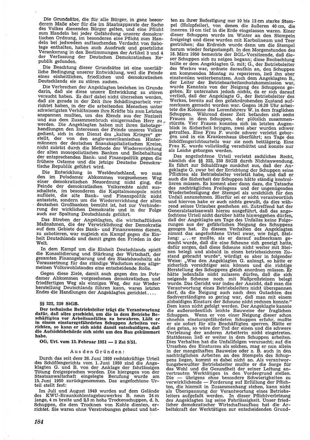 Neue Justiz (NJ), Zeitschrift für Recht und Rechtswissenschaft [Deutsche Demokratische Republik (DDR)], 5. Jahrgang 1951, Seite 184 (NJ DDR 1951, S. 184)