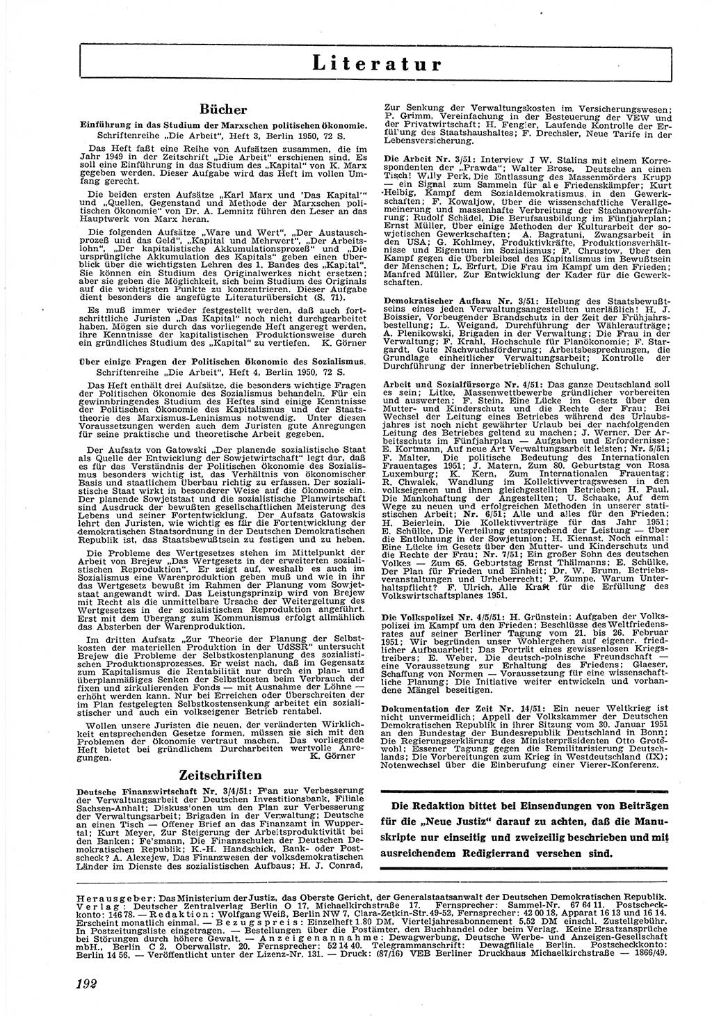 Neue Justiz (NJ), Zeitschrift für Recht und Rechtswissenschaft [Deutsche Demokratische Republik (DDR)], 5. Jahrgang 1951, Seite 192 (NJ DDR 1951, S. 192)