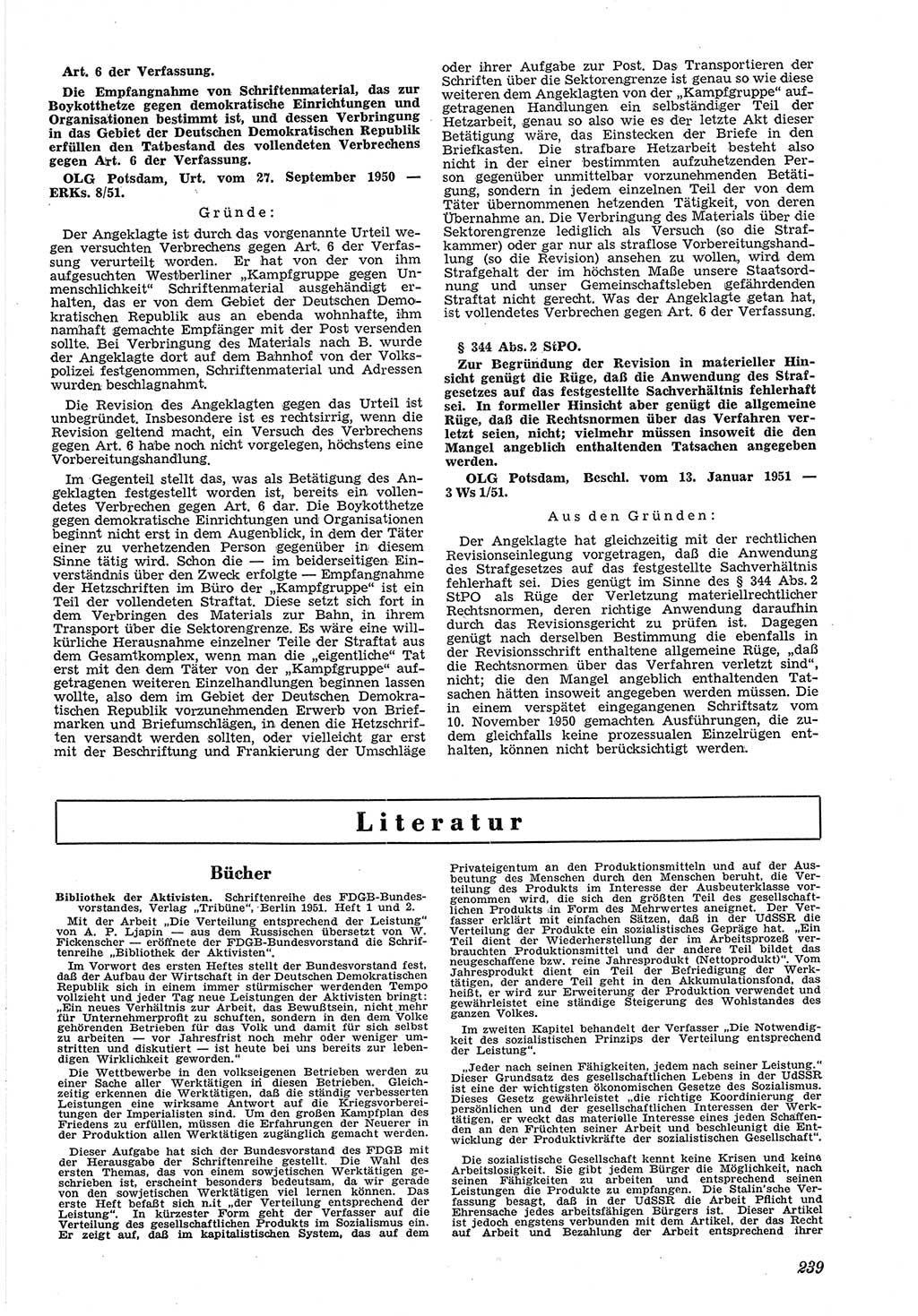 Neue Justiz (NJ), Zeitschrift für Recht und Rechtswissenschaft [Deutsche Demokratische Republik (DDR)], 5. Jahrgang 1951, Seite 239 (NJ DDR 1951, S. 239)