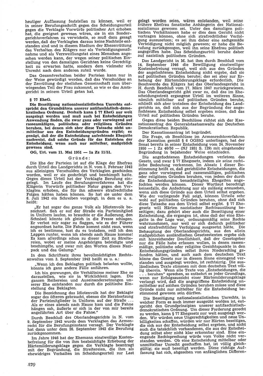 Neue Justiz (NJ), Zeitschrift für Recht und Rechtswissenschaft [Deutsche Demokratische Republik (DDR)], 5. Jahrgang 1951, Seite 370 (NJ DDR 1951, S. 370)