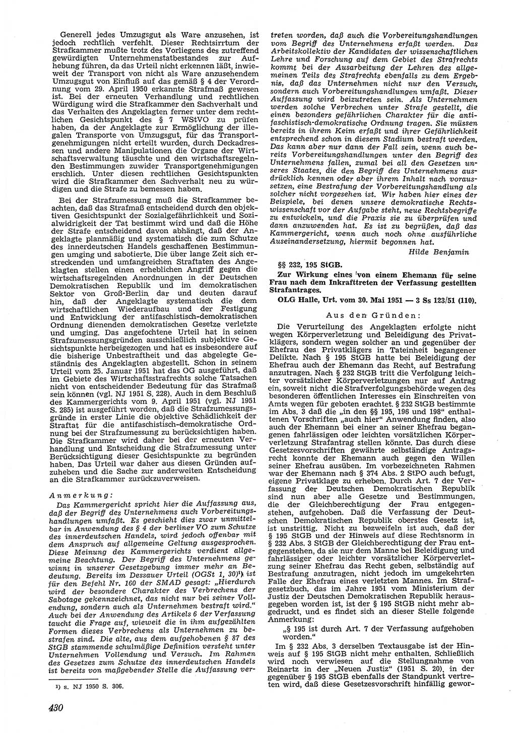 Neue Justiz (NJ), Zeitschrift für Recht und Rechtswissenschaft [Deutsche Demokratische Republik (DDR)], 5. Jahrgang 1951, Seite 430 (NJ DDR 1951, S. 430)
