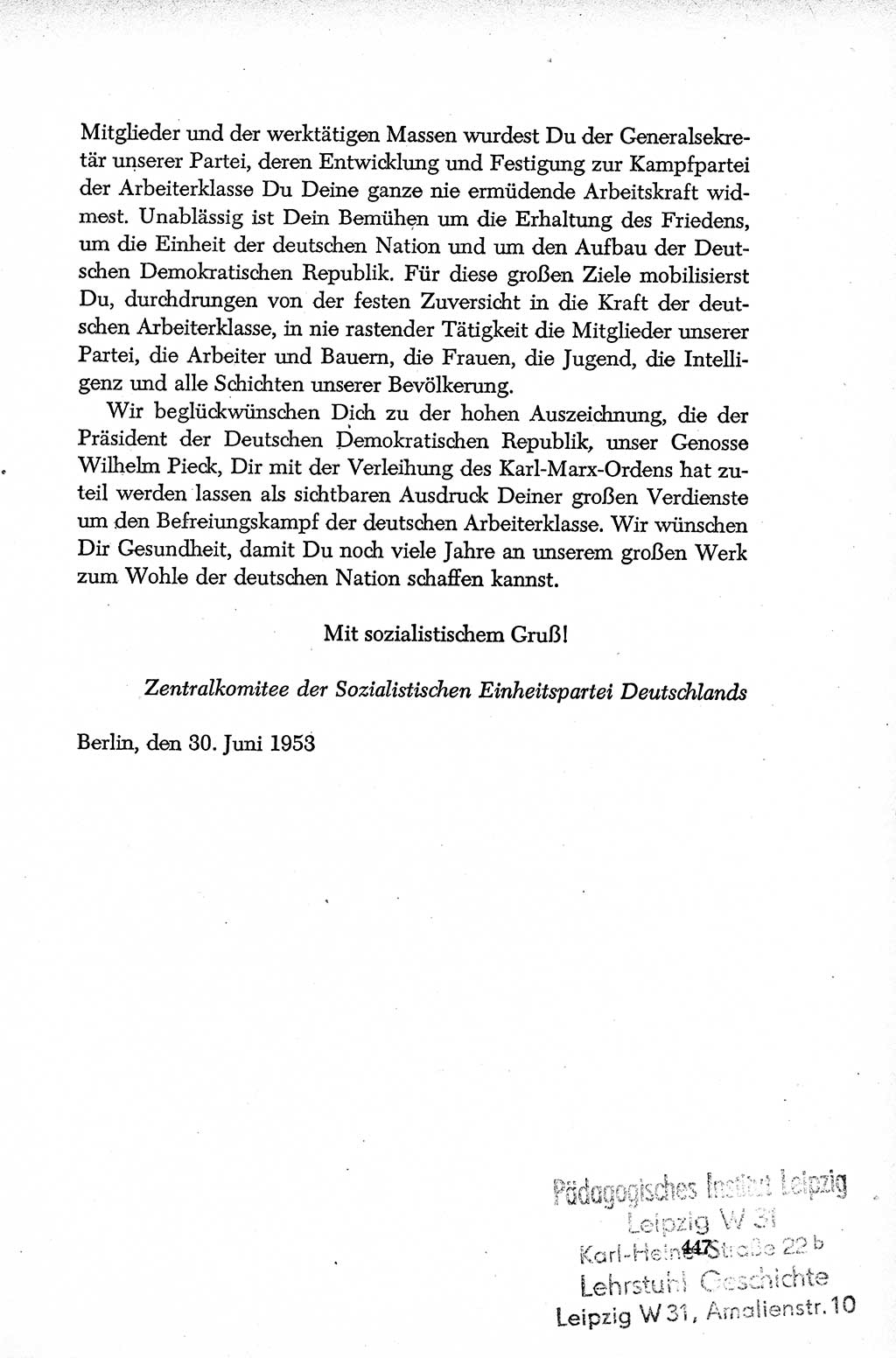 Dokumente der Sozialistischen Einheitspartei Deutschlands (SED) [Deutsche Demokratische Republik (DDR)] 1952-1953, Seite 447 (Dok. SED DDR 1952-1953, S. 447)