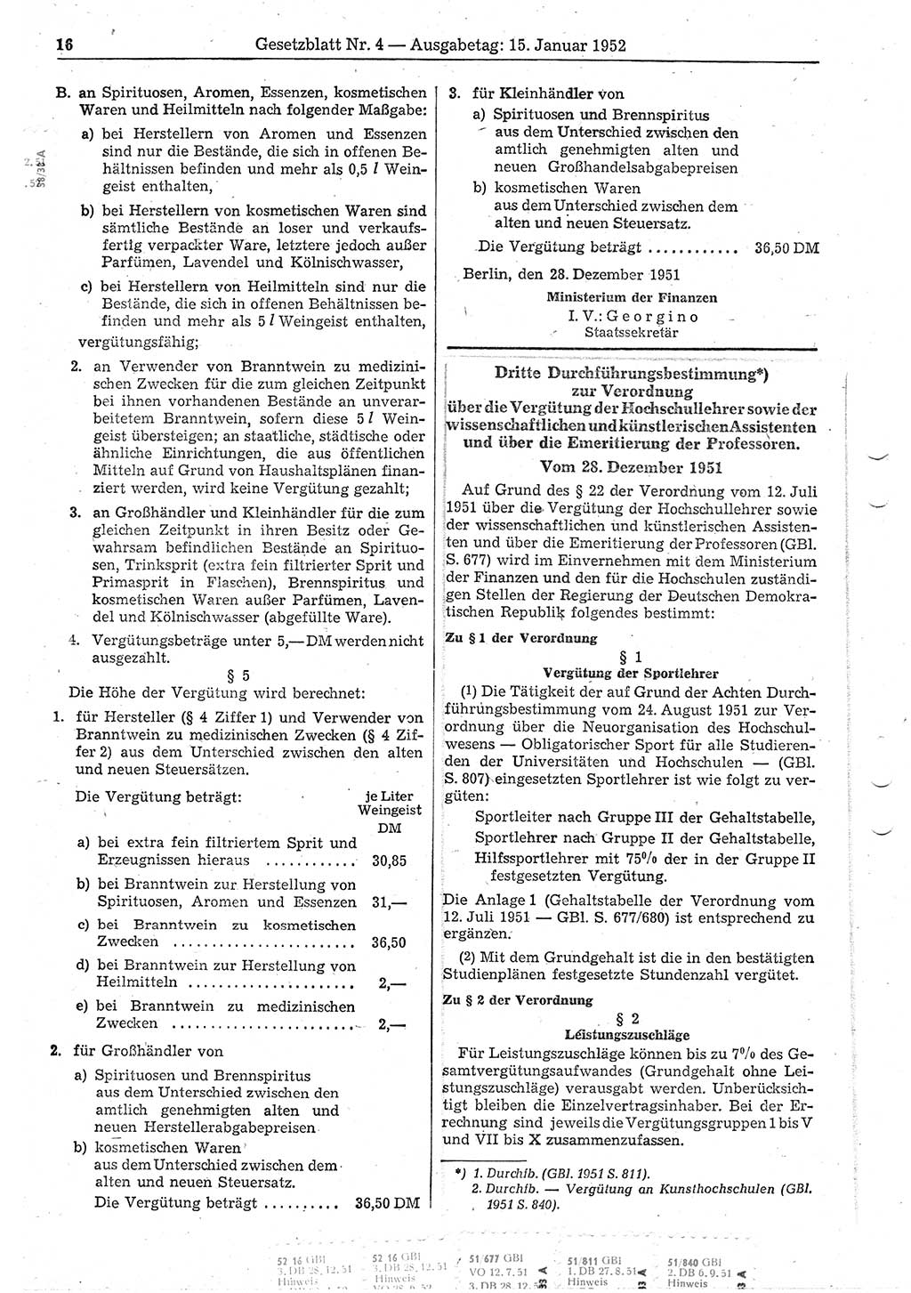 Gesetzblatt (GBl.) der Deutschen Demokratischen Republik (DDR) 1952, Seite 16 (GBl. DDR 1952, S. 16)