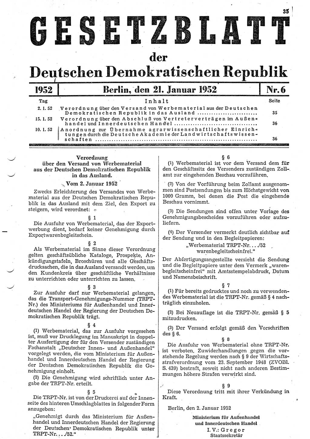 Gesetzblatt (GBl.) der Deutschen Demokratischen Republik (DDR) 1952, Seite 35 (GBl. DDR 1952, S. 35)