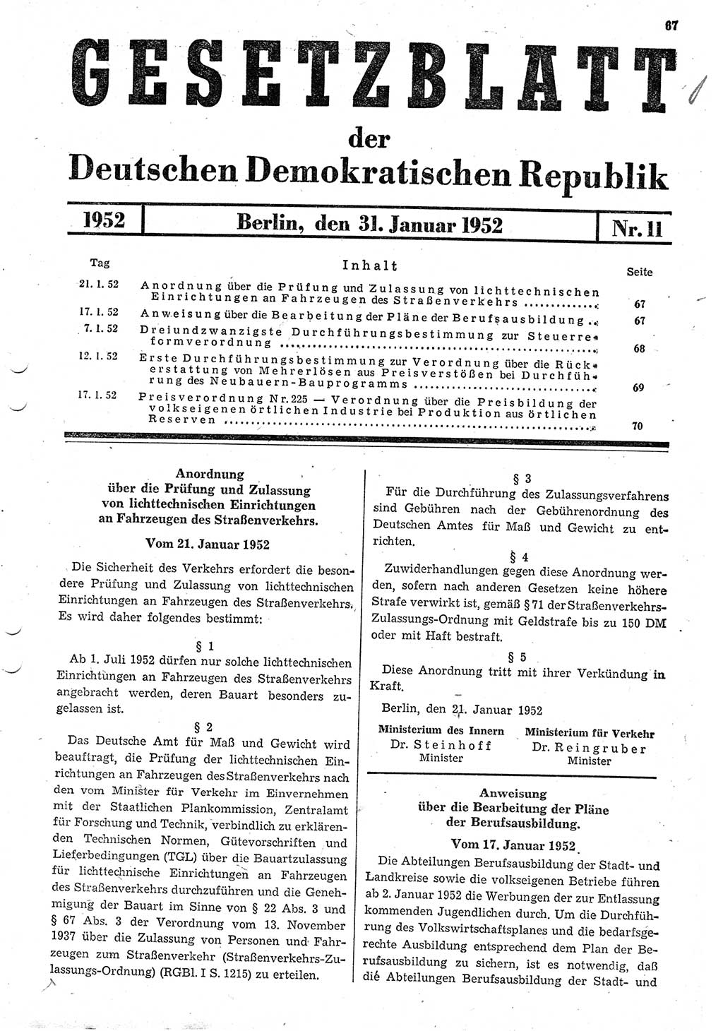 Gesetzblatt (GBl.) der Deutschen Demokratischen Republik (DDR) 1952, Seite 67 (GBl. DDR 1952, S. 67)
