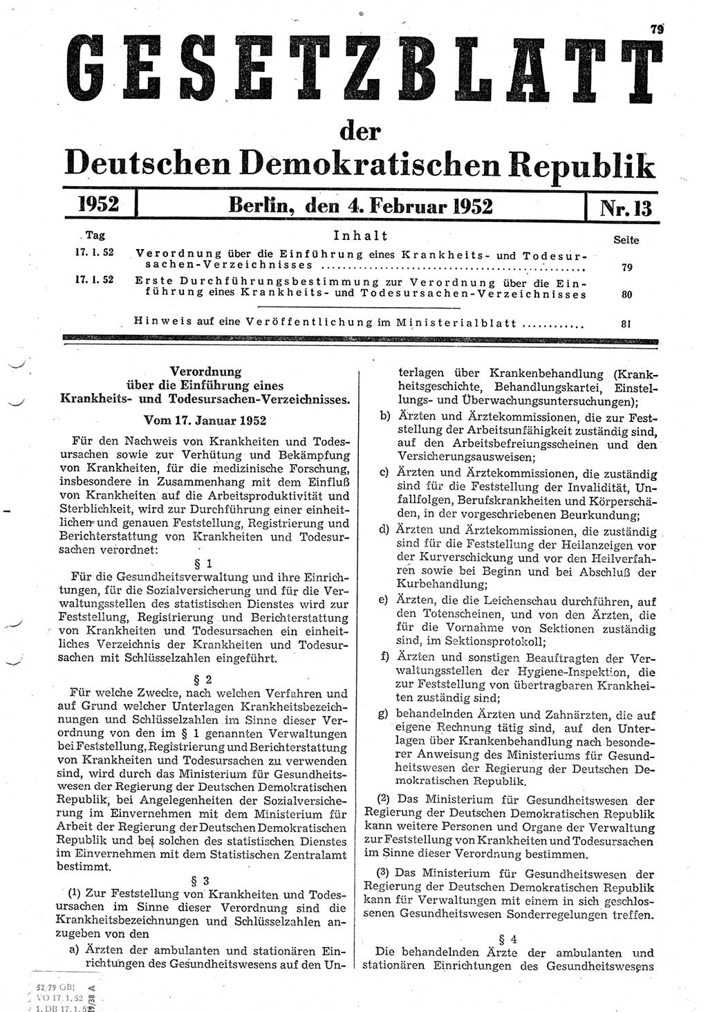 Gesetzblatt (GBl.) der Deutschen Demokratischen Republik (DDR) 1952, Seite 79 (GBl. DDR 1952, S. 79)
