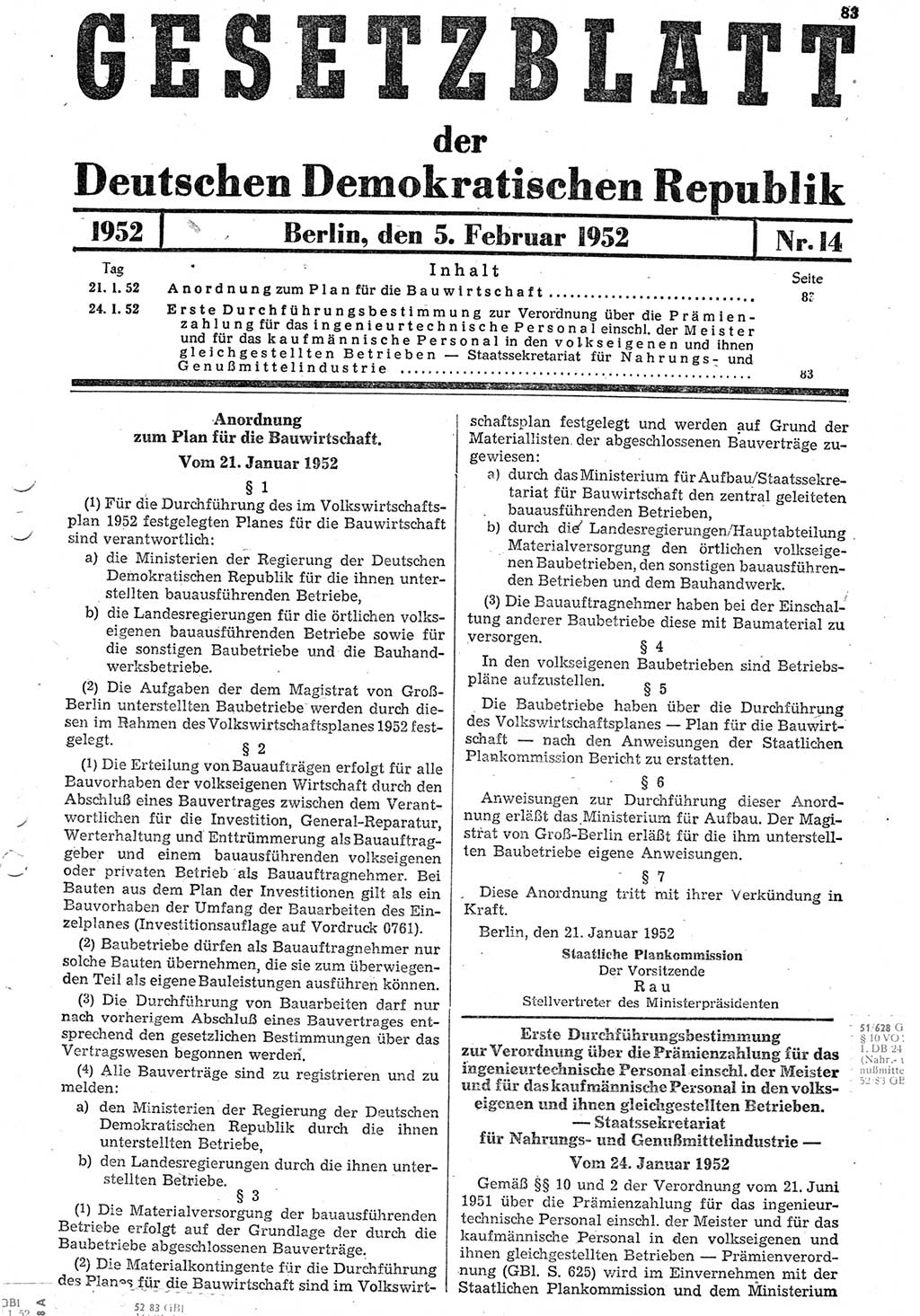 Gesetzblatt (GBl.) der Deutschen Demokratischen Republik (DDR) 1952, Seite 83 (GBl. DDR 1952, S. 83)