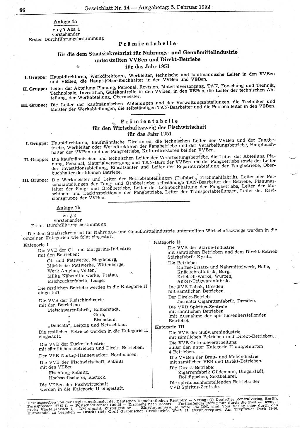 Gesetzblatt (GBl.) der Deutschen Demokratischen Republik (DDR) 1952, Seite 86 (GBl. DDR 1952, S. 86)