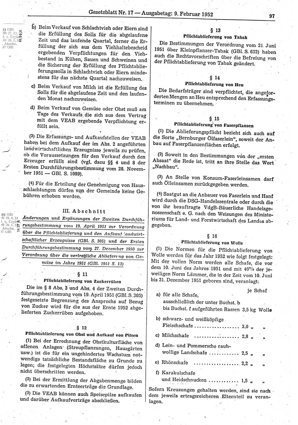 Gesetzblatt (GBl.) der Deutschen Demokratischen Republik (DDR) 1952, Seite 97 (GBl. DDR 1952, S. 97)