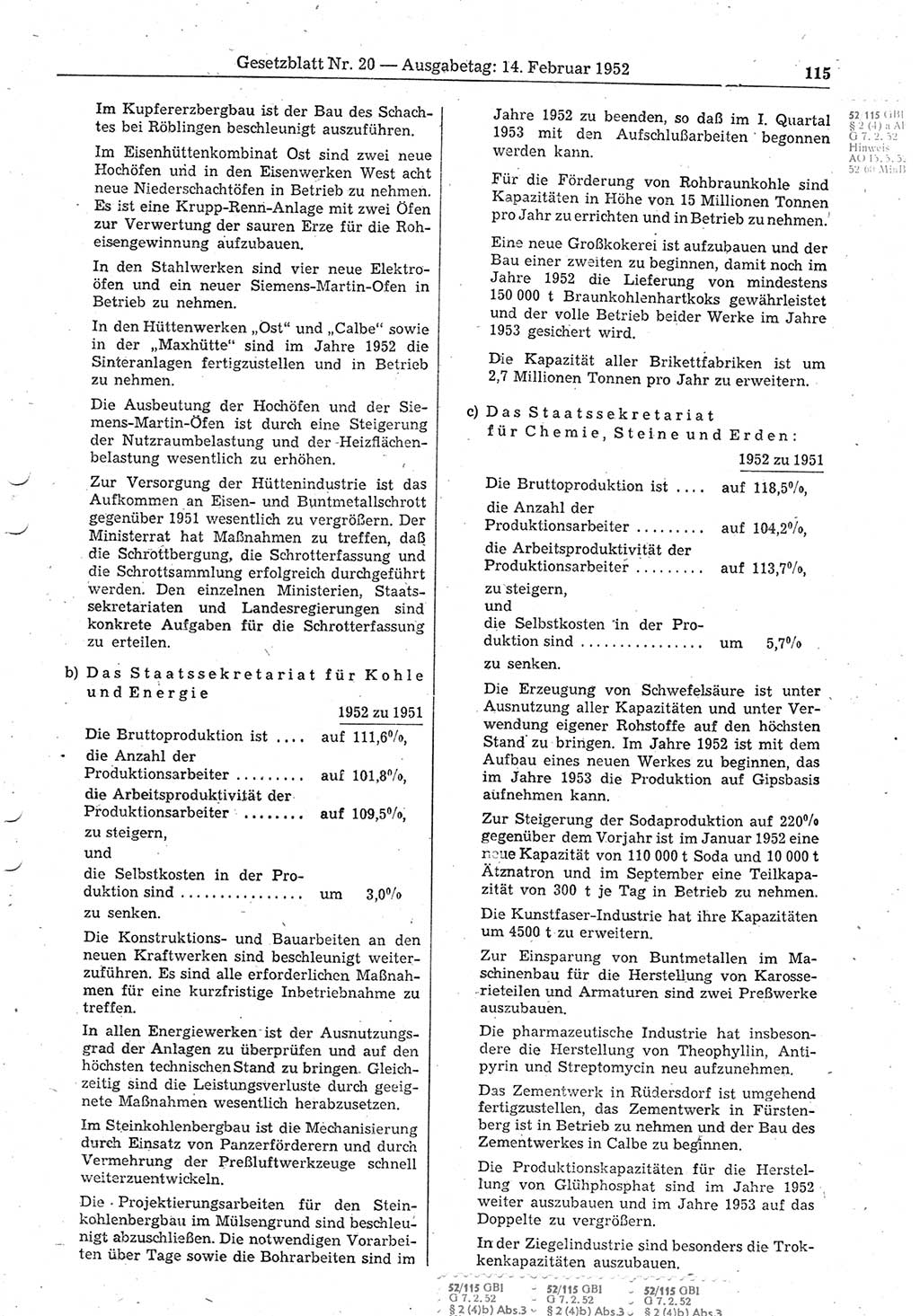 Gesetzblatt (GBl.) der Deutschen Demokratischen Republik (DDR) 1952, Seite 115 (GBl. DDR 1952, S. 115)