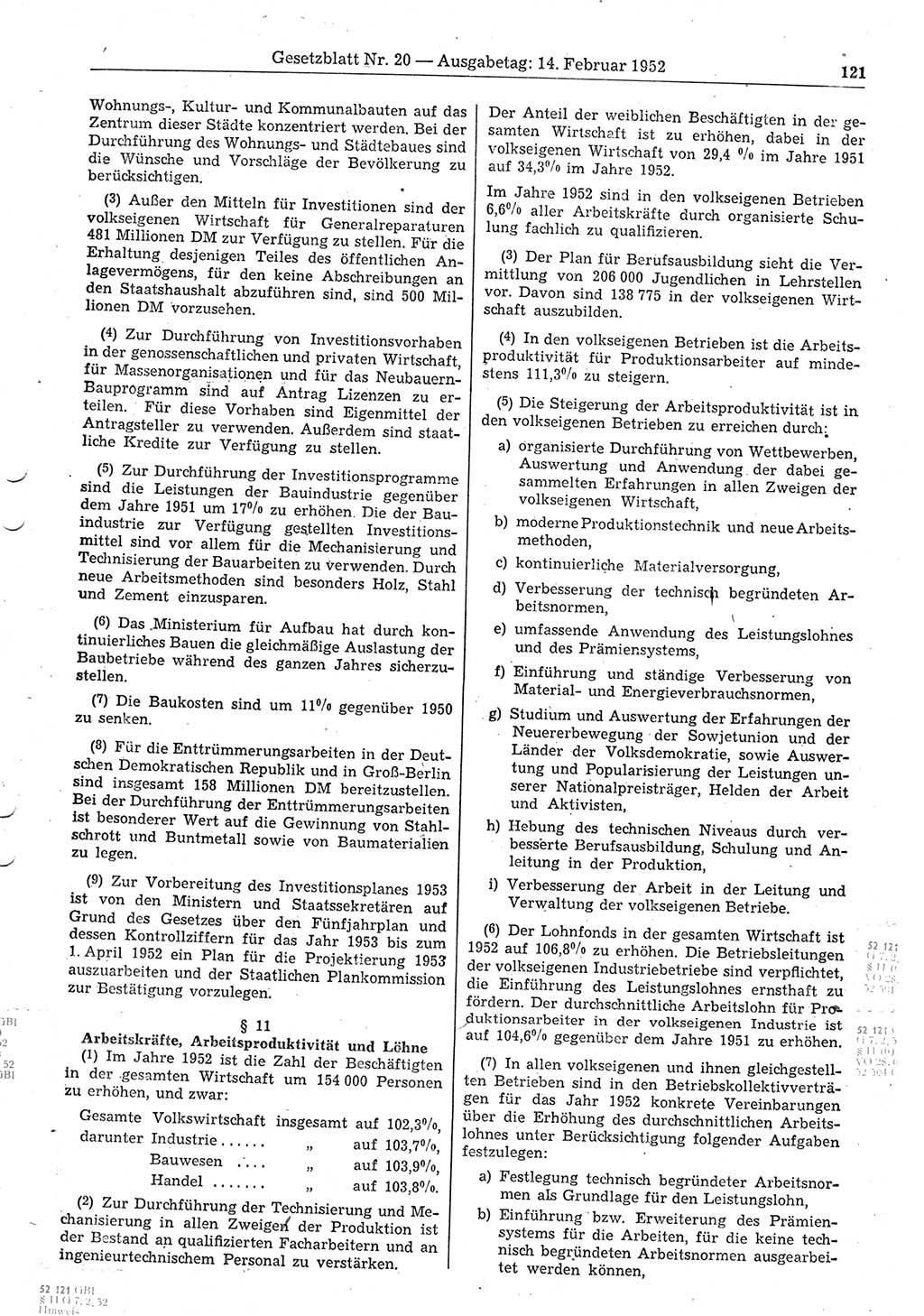 Gesetzblatt (GBl.) der Deutschen Demokratischen Republik (DDR) 1952, Seite 121 (GBl. DDR 1952, S. 121)