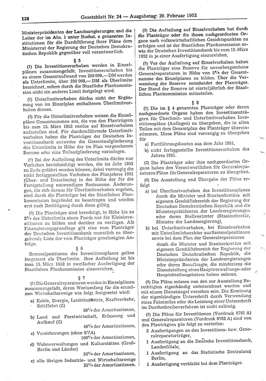 Gesetzblatt (GBl.) der Deutschen Demokratischen Republik (DDR) 1952, Seite 138 (GBl. DDR 1952, S. 138)