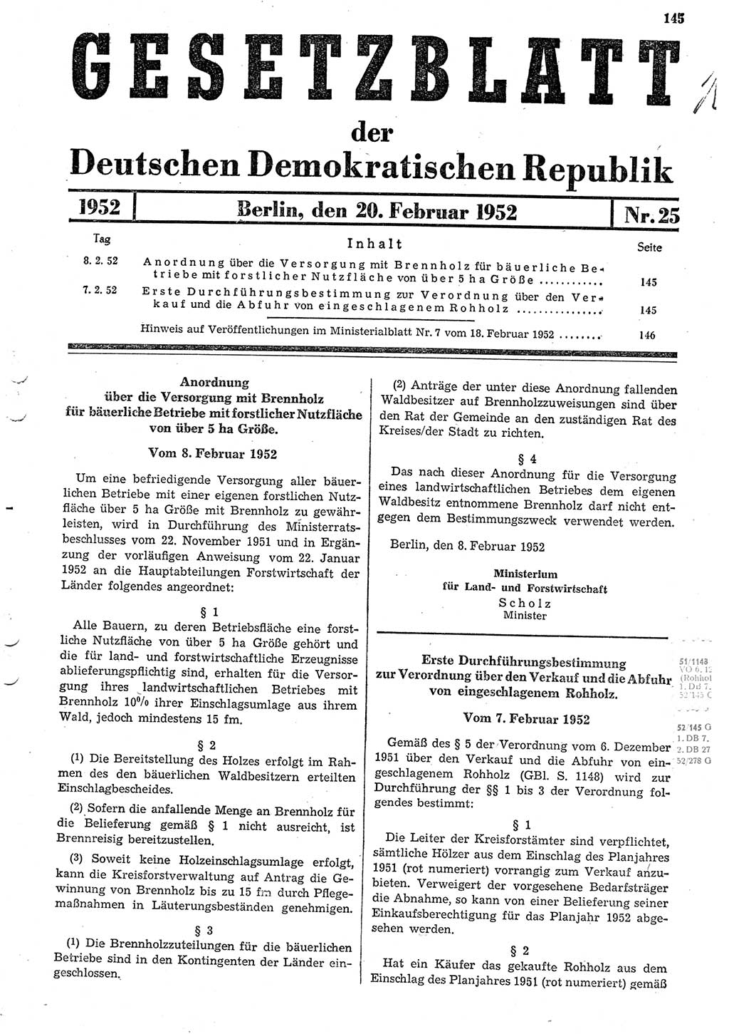 Gesetzblatt (GBl.) der Deutschen Demokratischen Republik (DDR) 1952, Seite 145 (GBl. DDR 1952, S. 145)