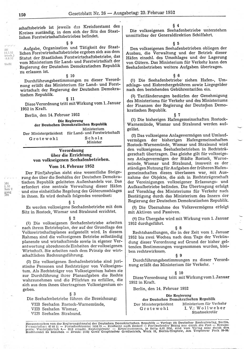 Gesetzblatt (GBl.) der Deutschen Demokratischen Republik (DDR) 1952, Seite 150 (GBl. DDR 1952, S. 150)