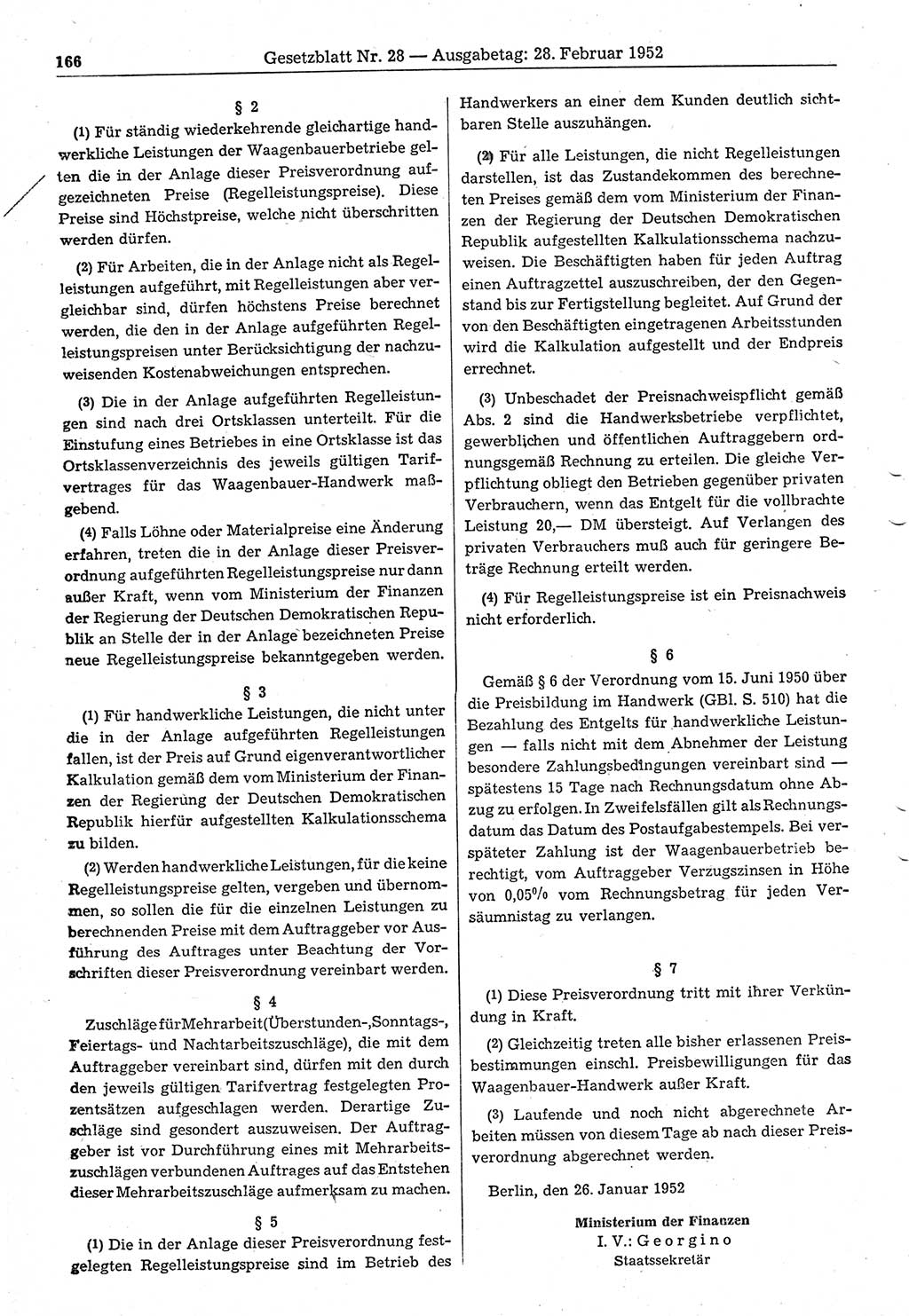 Gesetzblatt (GBl.) der Deutschen Demokratischen Republik (DDR) 1952, Seite 166 (GBl. DDR 1952, S. 166)