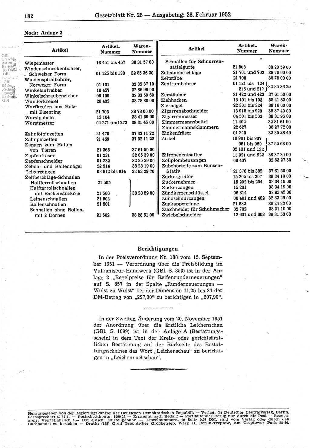 Gesetzblatt (GBl.) der Deutschen Demokratischen Republik (DDR) 1952, Seite 182 (GBl. DDR 1952, S. 182)