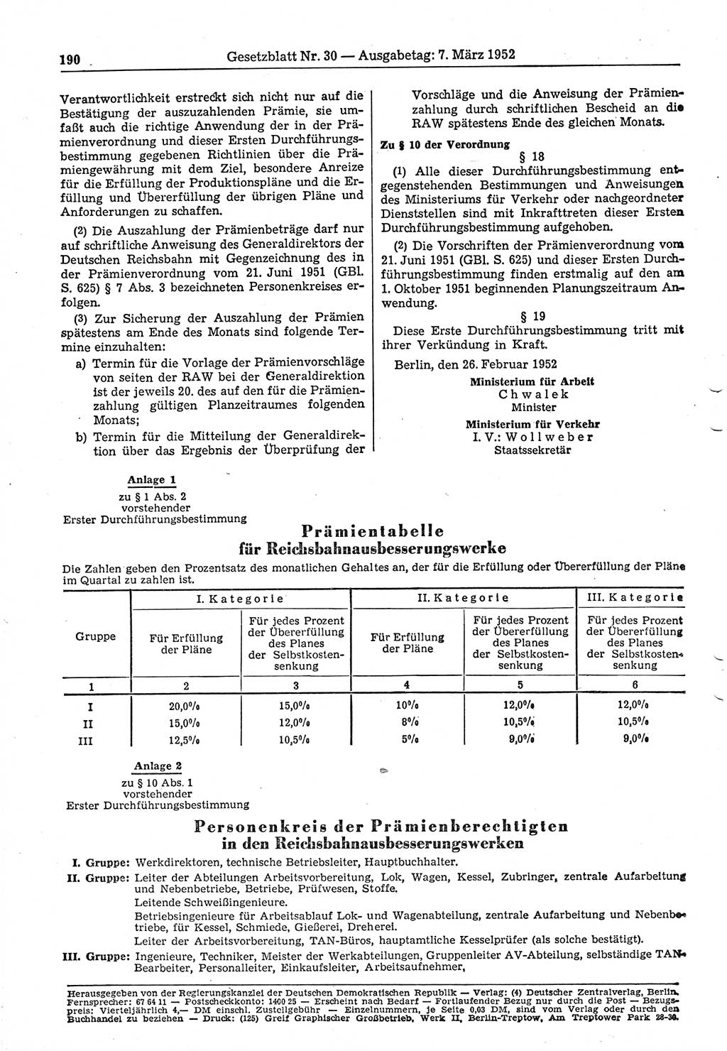Gesetzblatt (GBl.) der Deutschen Demokratischen Republik (DDR) 1952, Seite 190 (GBl. DDR 1952, S. 190)