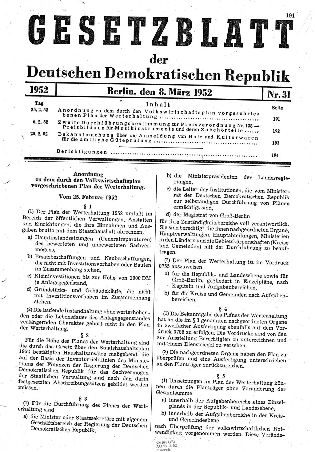 Gesetzblatt (GBl.) der Deutschen Demokratischen Republik (DDR) 1952, Seite 191 (GBl. DDR 1952, S. 191)