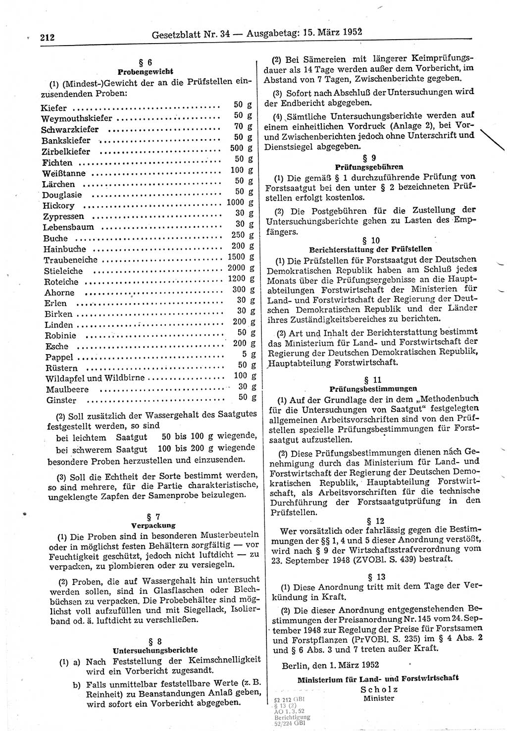 Gesetzblatt (GBl.) der Deutschen Demokratischen Republik (DDR) 1952, Seite 212 (GBl. DDR 1952, S. 212)