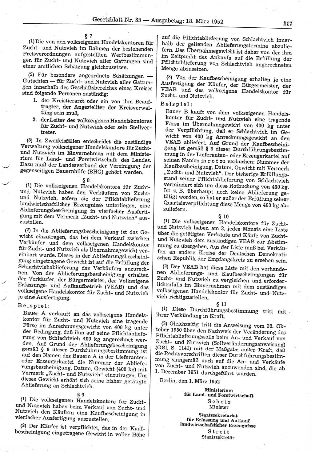 Gesetzblatt (GBl.) der Deutschen Demokratischen Republik (DDR) 1952, Seite 217 (GBl. DDR 1952, S. 217)