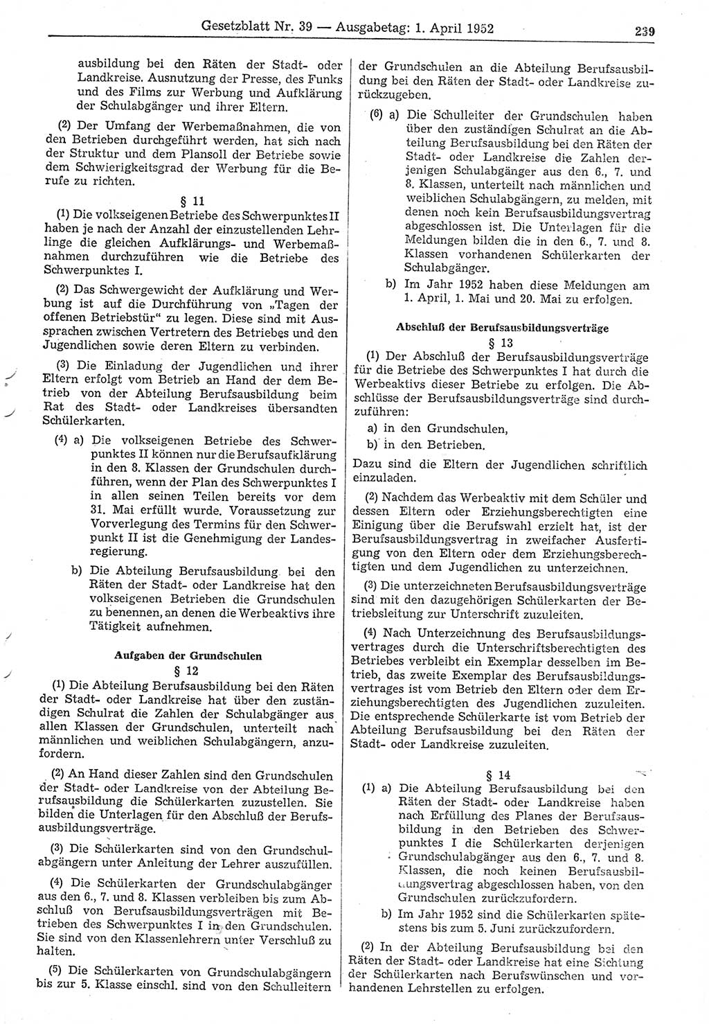 Gesetzblatt (GBl.) der Deutschen Demokratischen Republik (DDR) 1952, Seite 239 (GBl. DDR 1952, S. 239)