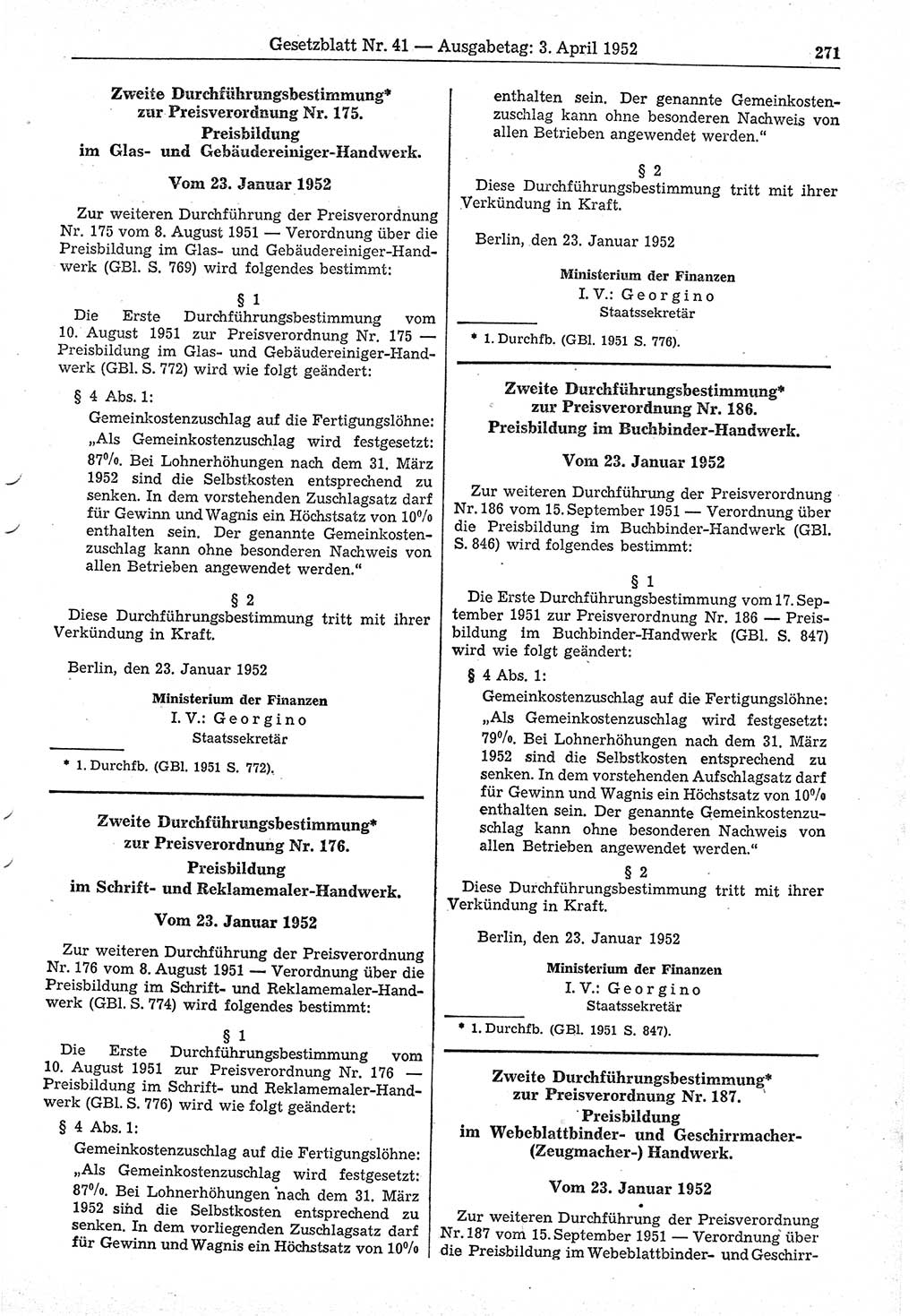 Gesetzblatt (GBl.) der Deutschen Demokratischen Republik (DDR) 1952, Seite 271 (GBl. DDR 1952, S. 271)