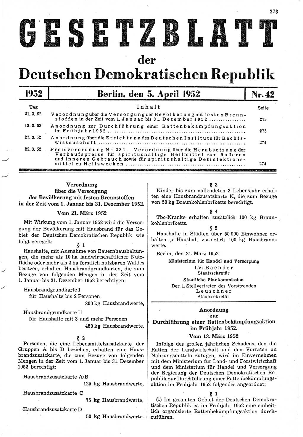 Gesetzblatt (GBl.) der Deutschen Demokratischen Republik (DDR) 1952, Seite 273 (GBl. DDR 1952, S. 273)