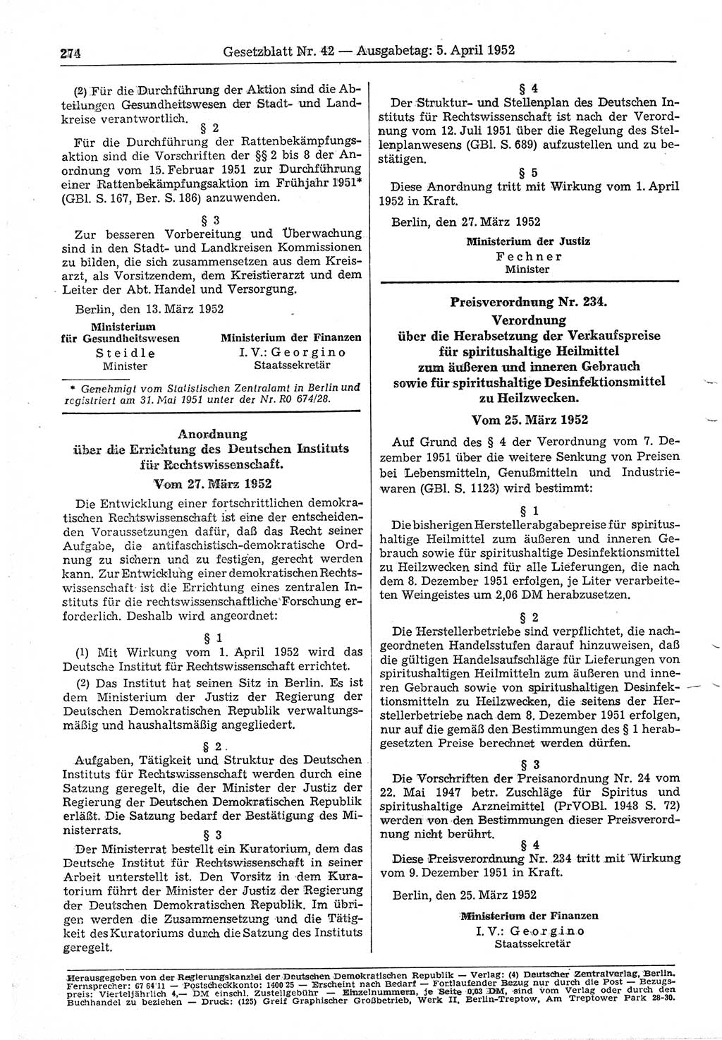 Gesetzblatt (GBl.) der Deutschen Demokratischen Republik (DDR) 1952, Seite 274 (GBl. DDR 1952, S. 274)