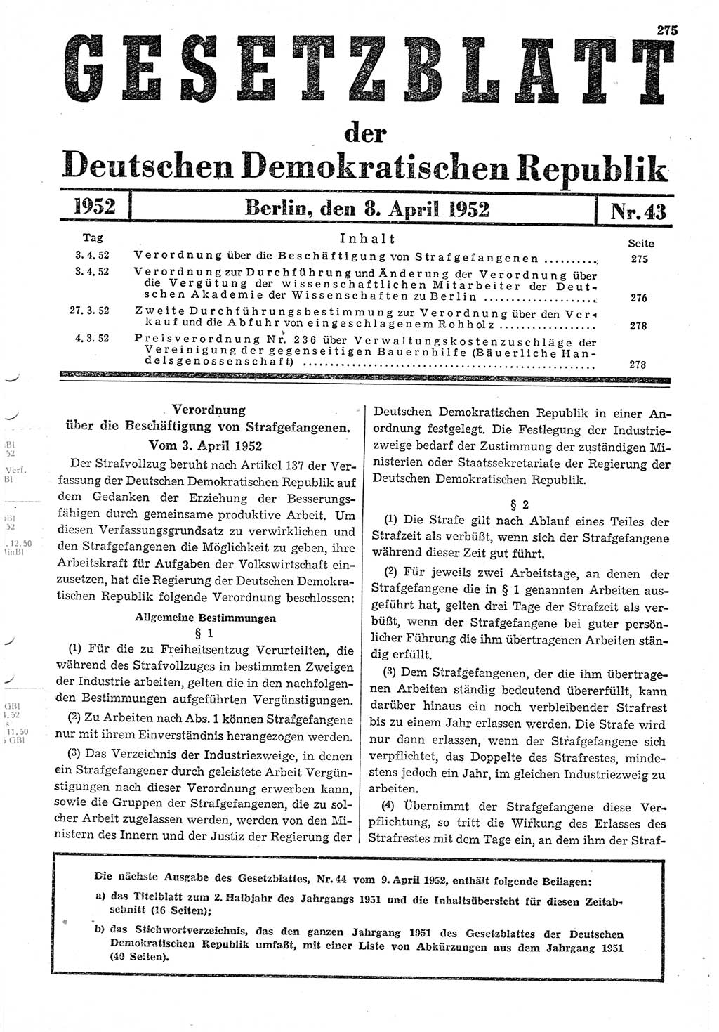 Gesetzblatt (GBl.) der Deutschen Demokratischen Republik (DDR) 1952, Seite 275 (GBl. DDR 1952, S. 275)