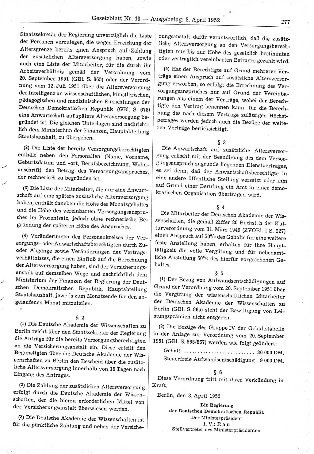Gesetzblatt (GBl.) der Deutschen Demokratischen Republik (DDR) 1952, Seite 277 (GBl. DDR 1952, S. 277)