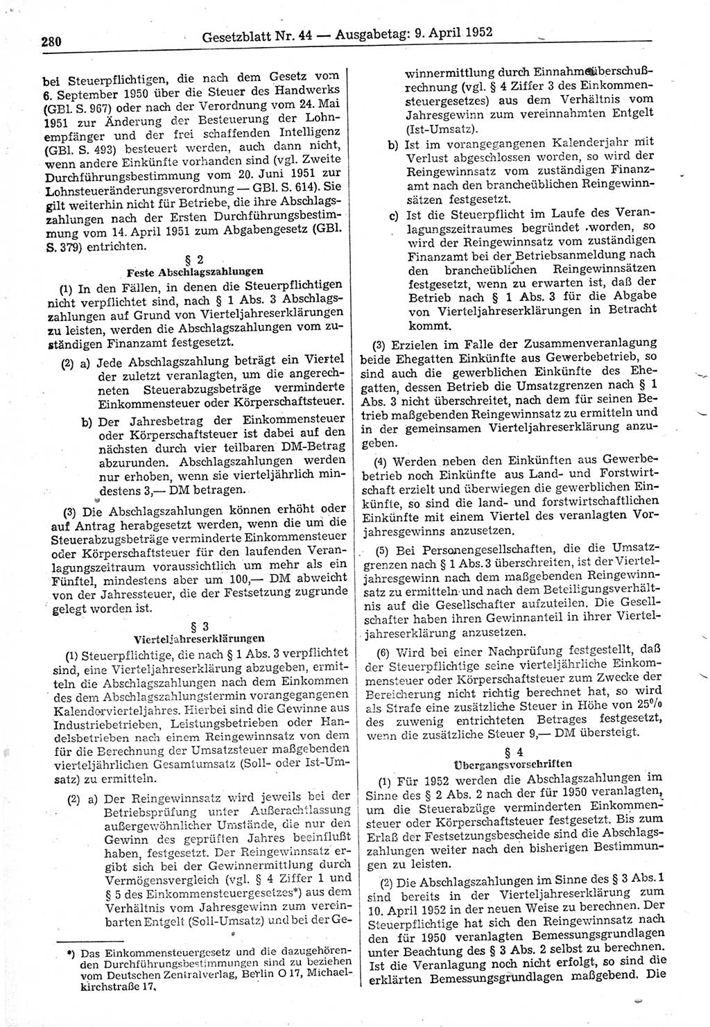 Gesetzblatt (GBl.) der Deutschen Demokratischen Republik (DDR) 1952, Seite 280 (GBl. DDR 1952, S. 280)