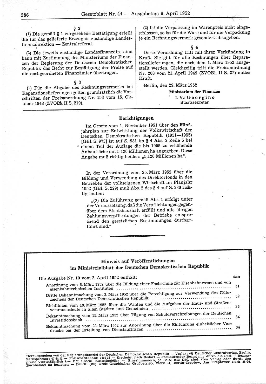 Gesetzblatt (GBl.) der Deutschen Demokratischen Republik (DDR) 1952, Seite 286 (GBl. DDR 1952, S. 286)
