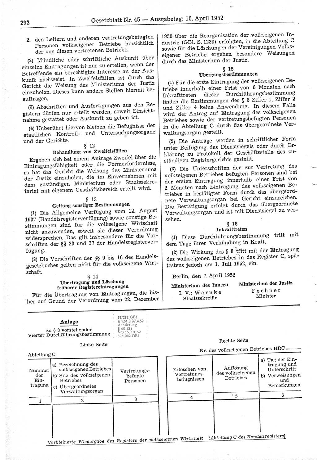 Gesetzblatt (GBl.) der Deutschen Demokratischen Republik (DDR) 1952, Seite 292 (GBl. DDR 1952, S. 292)