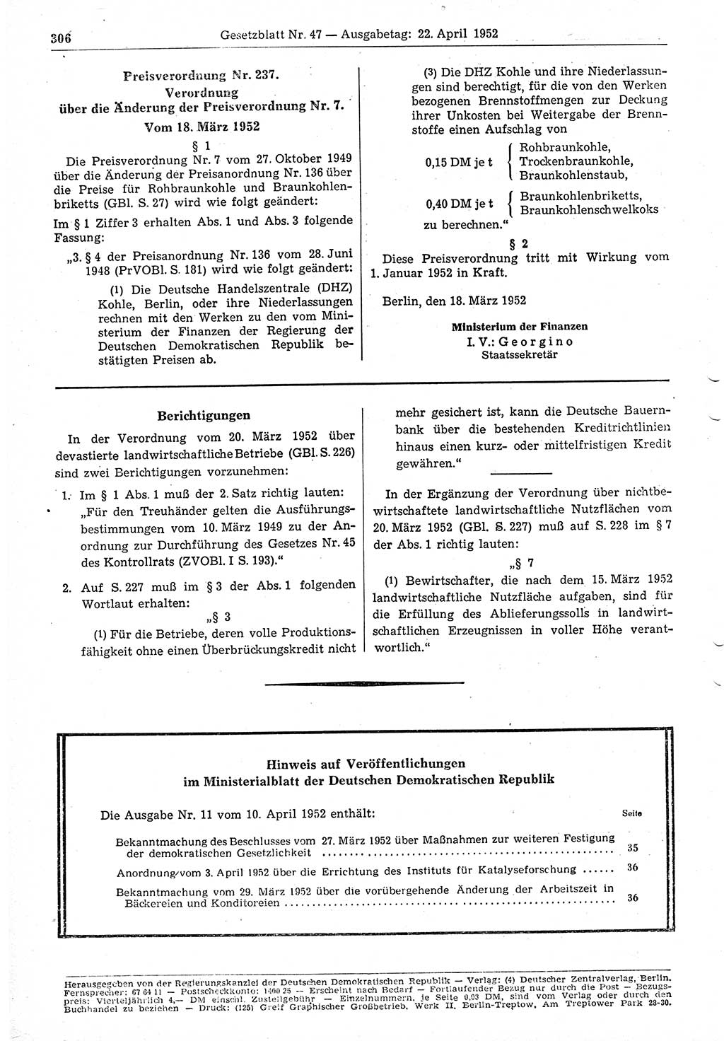 Gesetzblatt (GBl.) der Deutschen Demokratischen Republik (DDR) 1952, Seite 306 (GBl. DDR 1952, S. 306)
