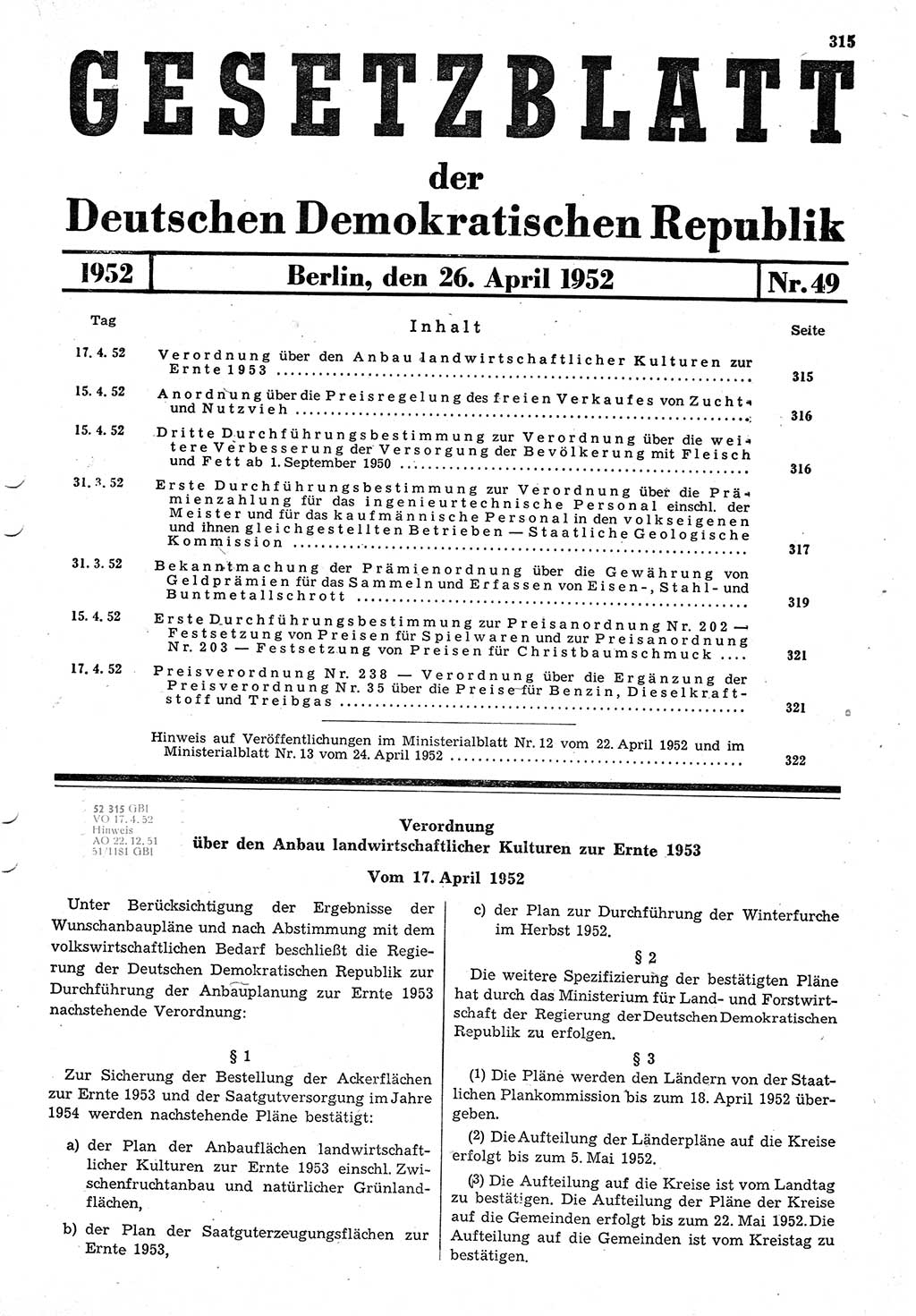 Gesetzblatt (GBl.) der Deutschen Demokratischen Republik (DDR) 1952, Seite 315 (GBl. DDR 1952, S. 315)
