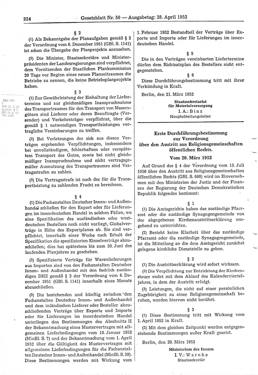 Gesetzblatt (GBl.) der Deutschen Demokratischen Republik (DDR) 1952, Seite 324 (GBl. DDR 1952, S. 324)