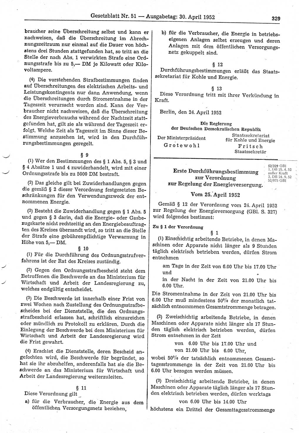 Gesetzblatt (GBl.) der Deutschen Demokratischen Republik (DDR) 1952, Seite 329 (GBl. DDR 1952, S. 329)